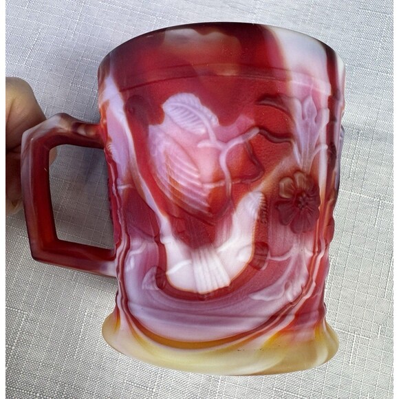 Imperial Glass End Of Day Slag Glass Mug Robins & Flowers Red Yellow White MINT - Picture 7 of 15